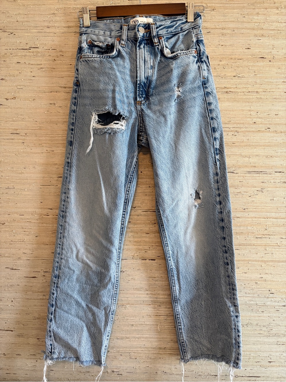 Zara Light Blue Distressed Straight Jeans
